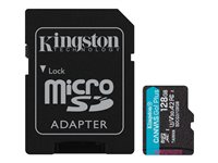 Kingston Canvas Go! Plus - Flash-muistikortti (microSDXC to SD -adapteri sisältyvä) - 128 Gt - A2 / Video Class V30 / UHS-I U3 / Class10 - microSDXC UHS-I SDCG3/128GB