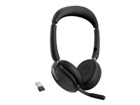 Jabra Evolve2 65 Flex UC Stereo - Kuulokkeet + mikrofoni - korvien päällä - Bluetooth - langaton - aktiivinen melunpoisto - USB-A - musta - sekä langaton latausalusta - optimoitu UC:lle 26699-989-989