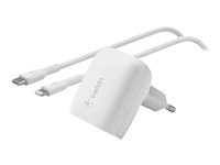 Belkin BoostCharge - Verkkosovitin - 20 watti(a) - Fast Charge, Power Delivery 3.1 (24 pin USB-C) - johdossa: Lightning - valkoinen WCA006VF1MWH-B5