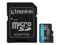 Kingston Canvas Go! Plus - Flash-muistikortti (microSDXC to SD -adapteri sisältyvä) - 64 Gt - A2 / Video Class V30 / UHS-I U3 / Class10 - microSDXC UHS-I SDCG3/64GB