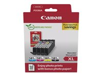 Canon CLI-581XL C/M/Y/BK Photo Value Pack - 4 pakettia - 8.3 ml - XL - musta, keltainen, sinivihreä, magenta - alkuperäinen - laatikko - mustesäiliö / paperisarja malleihin PIXMA TS6251, TS6350, TS6351, TS705, TS8252, TS8350, TS8351, TS8352, TS9550, TS9551 2052C006